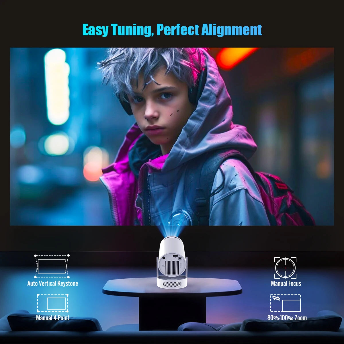 Projecteur HY300 Pro 2026 – WiFi 6, Bluetooth 5.0, 1080P/4K avec correction trapézoïdale automatique