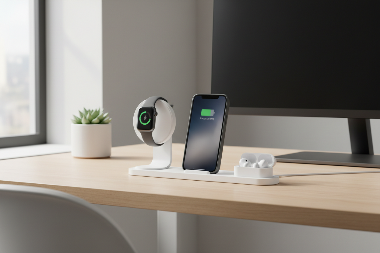 Station de charge 3-en-1 sur bureau minimaliste avec iPhone, Apple Watch et AirPods