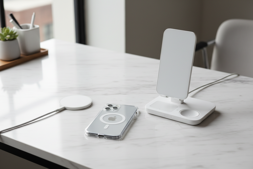 Glow Up Kit - bundle complet chargeur MagSafe, coque et station 3-en-1 sur bureau minimaliste